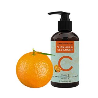 An 8 oz bottle of Simplified Skin's Vitamin C Facial Cleanser, featuring organic and natural ingredients for glowing skin.