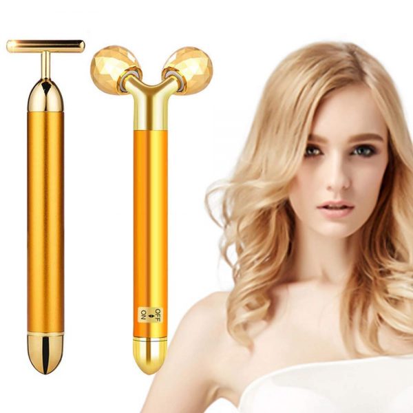 This facial massager comes with a 24k Golden Pulse Beauty Bar and features a 2-in-1 design