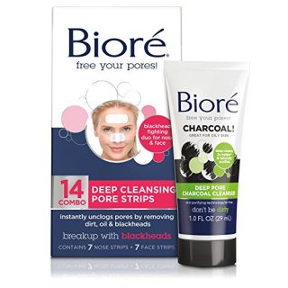 A set of Bioré Deep Cleansing Pore Strips and Charcoal Face Wash, ideal for removing dirt and impurities from oily skin.