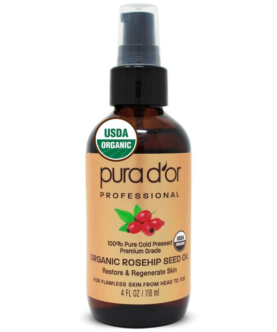 Face PURA D'OR Organic Rosehip Seed OilRosehip Seed Oil (4oz / 118mL) 100% Pure Cold Pressed USDA Certified Organic, All Natural Anti-Aging Moisturizer Treatment for Face, Hair, Skin, Nails, Men-Women (Packaging may vary)