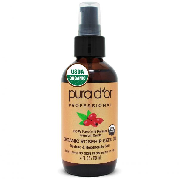Face PURA D'OR Organic Rosehip Seed OilRosehip Seed Oil (4oz / 118mL) 100% Pure Cold Pressed USDA Certified Organic, All Natural Anti-Aging Moisturizer Treatment for Face, Hair, Skin, Nails, Men-Women (Packaging may vary)