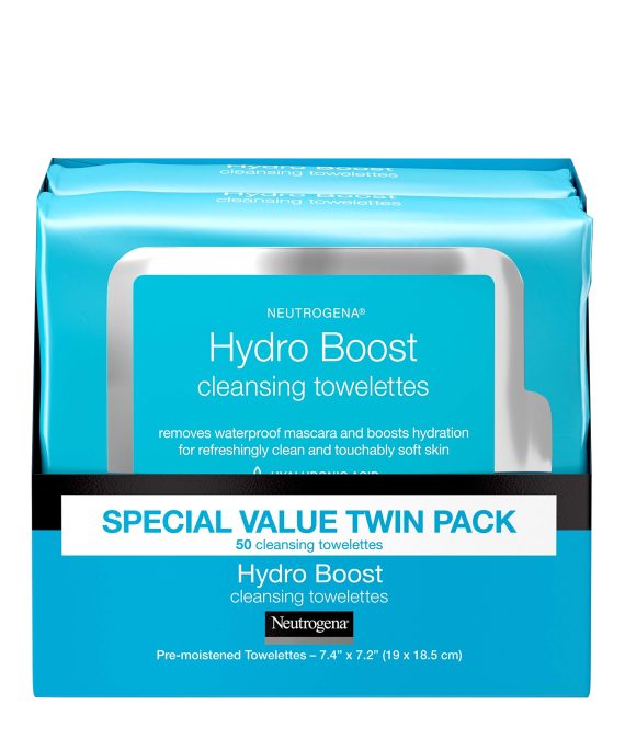 A twin-pack of Neutrogena HydroBoost Facial Cleansing Wipes, featuring hyaluronic acid for hydrated and refreshed skin.