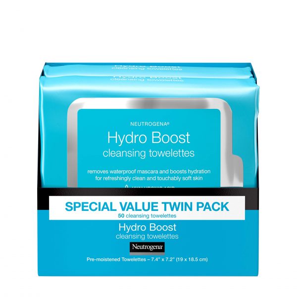 A twin-pack of Neutrogena HydroBoost Facial Cleansing Wipes, featuring hyaluronic acid for hydrated and refreshed skin.