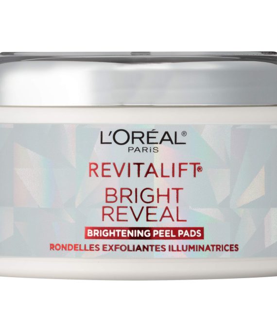 Revitalift Brilliant Reveal Anti-Aging Peel Pads with Glycolic Acid, 30 count, by L'Oreal Paris in white packaging.