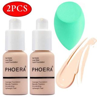 2PCS Phoera Foundation, 30ml 102# 104# Makeup Concealer Foundation Cream, Long Lasting Waterproof Matte Liquid Foundation Coverage Flawless Face Foundation, with Makeup Sponge (2102#+)