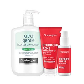 Neutrogena Ultra Gentle Hydrating Facial Cleanser, Sensitive Skin, 12 fl. oz & Stubborn Acne AM Treatment, Benzoyl Peroxide, 2.0 oz & Stubborn Marks PM Treatment, Retinol SA, 1 fl. oz