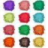 Assorted pouches of mica powder pigments in 12 bright, shimmering colors displayed on a white background