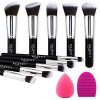 BEAKEY Makeup Brush Set, Premium Synthetic Kabuki Foundation Face Powder Blush Eyeshadow Brushes Makeup Brush Kit with Blender Sponge and Brush Cleaner (10+2pcs, Black/Silver)