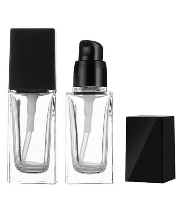 2PK 30ml/1oz Empty Clear Square Glass Emulsion Essence Bottle With Black Pump Head Cosmetic Foundation Travel Vials Containers Holder For Lotion Cleanser Essential Oils Liquids Body Cream
