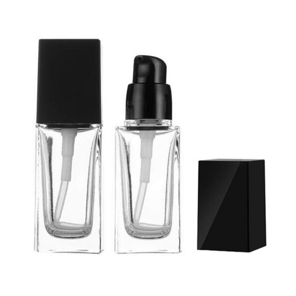 2PK 30ml/1oz Empty Clear Square Glass Emulsion Essence Bottle With Black Pump Head Cosmetic Foundation Travel Vials Containers Holder For Lotion Cleanser Essential Oils Liquids Body Cream