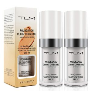 A bottle of TLM Flawless Color-Changing Foundation featuring SPF 50 protection, blending naturally for smooth, radiant skin. 
