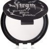 Compact white pressed powder with a mirror and applicator puff, ideal for achieving a matte, porcelain-like finish. 