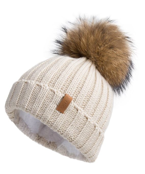 Pilipala Women Winter Knitted Beanie Hat with Fur Pom Bobble Hat Skull Beanie(Beige,R)