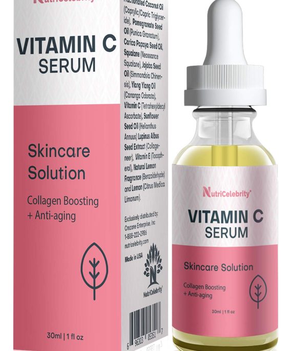 Nutricelebrity Vitamin C Serum for Face Care Acne Scar Removal - Organic Anti Wrinkle Formula, Dark Circle Repair, Jojoba, Coconut, Pomegranate, and Papaya Oil, Antioxidant Collagen Boosting - 1 oz