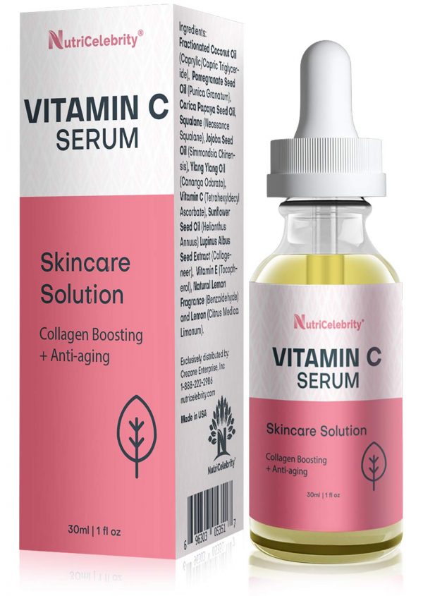Nutricelebrity Vitamin C Serum for Face Care Acne Scar Removal - Organic Anti Wrinkle Formula, Dark Circle Repair, Jojoba, Coconut, Pomegranate, and Papaya Oil, Antioxidant Collagen Boosting - 1 oz
