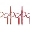 Four Eternal retractable lip liner pencils in Caramel, Flame, Nude, and Wine shades, arranged on a white background to showcase creamy matte tips and twist-up barrels.
