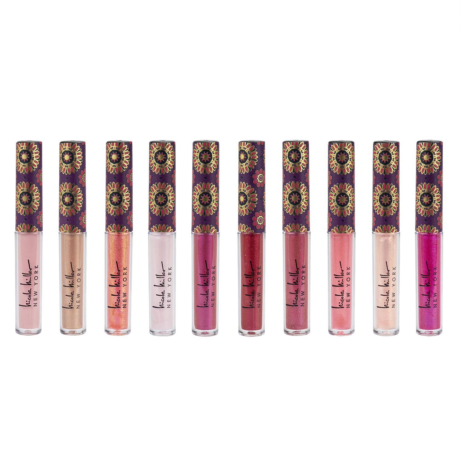 Nicole Miller 10 Pc Lip Gloss Collection, Shimmery Lip Glosses for Women and Girls, Long Lasting Color Lip Gloss Set with Rich Varied Colors (Purple)