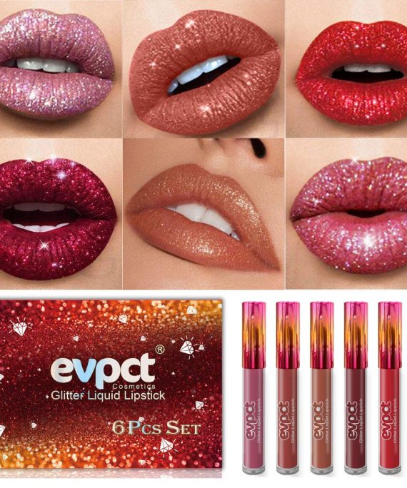 6Pcs/Set Matte to Glitter Liquid Lipstick Set, Diamond Shimmer Metallic Lipgloss Waterproof Long Lasting Not Stick Cup Lip Gloss Set Makeup Gift Kit evpct 01