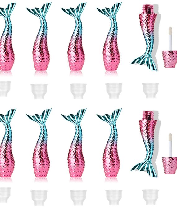 DAZAIGE Mini Empty Lip Glaze Tubes,10 Pieces Creative Pink Blue Gradient Mermaid Lip Gloss Bottles with Wand Applicator Rubber Inserts Refillable Lipstick Lip Balm Cosmetic Container Sample Vial, 3ml