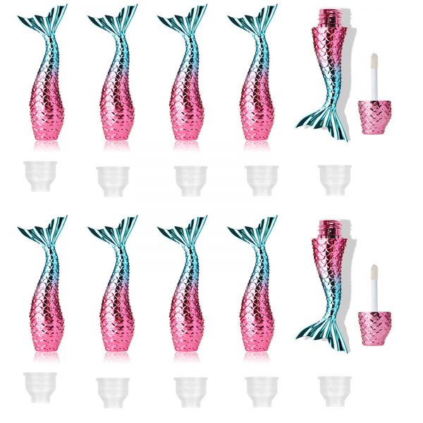 DAZAIGE Mini Empty Lip Glaze Tubes,10 Pieces Creative Pink Blue Gradient Mermaid Lip Gloss Bottles with Wand Applicator Rubber Inserts Refillable Lipstick Lip Balm Cosmetic Container Sample Vial, 3ml