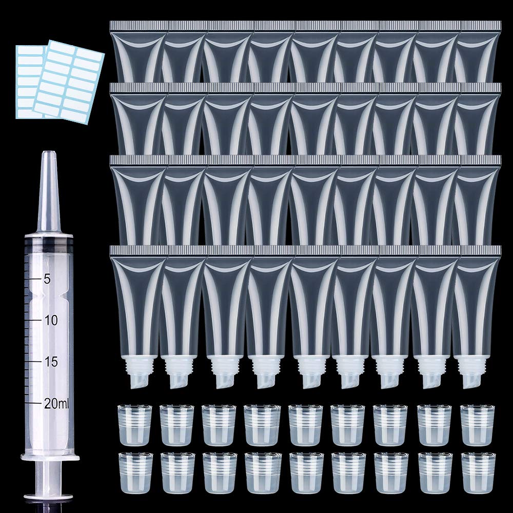 50PCS Lip Gloss Tubes 10ml Clear Empty Lip Balm Containers Refillable Soft Cosmetic Squeeze Tubes for DIY Lip Gloss Base Glitter Pigment Powder with Free Syringe + Tag Labels Stickers by AMORIX