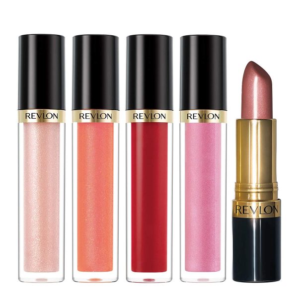 Revlon Super Lustrous Lip Gloss, 4 Piece Lip Kit Gift Set (205 Snow Pink, 245 Pango Peach, 240 Fatal Apple, 210 Pinkissimo + 1 FREE Super Lustrous Lipstick in 420 Blushed), 5.4 oz