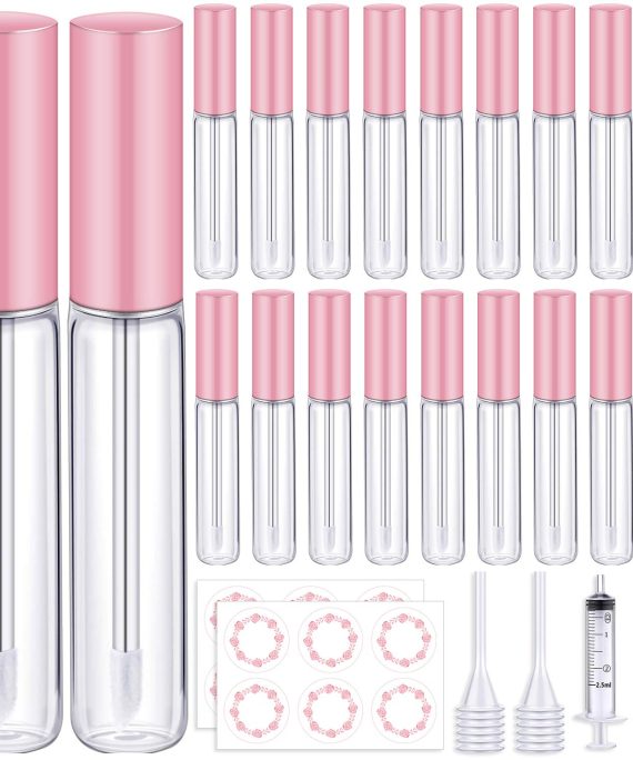 Lip Gloss Tubes Set, 20 Lip Gloss Tubes with Wand Empty 2 Spring Funnel 2 Sticker Label Sheets 2 Syringe, Lip Gloss Containers Cosmetic Bottle for Women Girls(26 Pack, Pink)