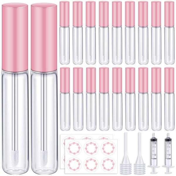 Lip Gloss Tubes Set, 20 Lip Gloss Tubes with Wand Empty 2 Spring Funnel 2 Sticker Label Sheets 2 Syringe, Lip Gloss Containers Cosmetic Bottle for Women Girls(26 Pack, Pink)