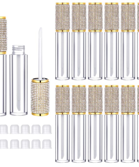 12 Pieces Crystal Rhinestone Lip Gloss Tube Empty Lip Gloss Containers Lip Gloss Lip Balm Bottles with Rubber Stoppers for Lip Gloss Balm Cosmetic Business, 5 ml (Gold)