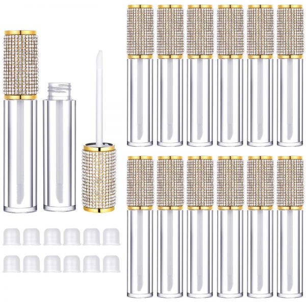 12 Pieces Crystal Rhinestone Lip Gloss Tube Empty Lip Gloss Containers Lip Gloss Lip Balm Bottles with Rubber Stoppers for Lip Gloss Balm Cosmetic Business, 5 ml (Gold)