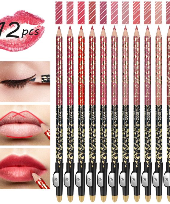 High Pigmented Lip Liner Set - Pack of 12 Creamy and Smooth 2-in-1 Matte Make Up Lip Liners Pencil for Daily/Travel/Party/Work, with Eyeliner Function and Sharpener