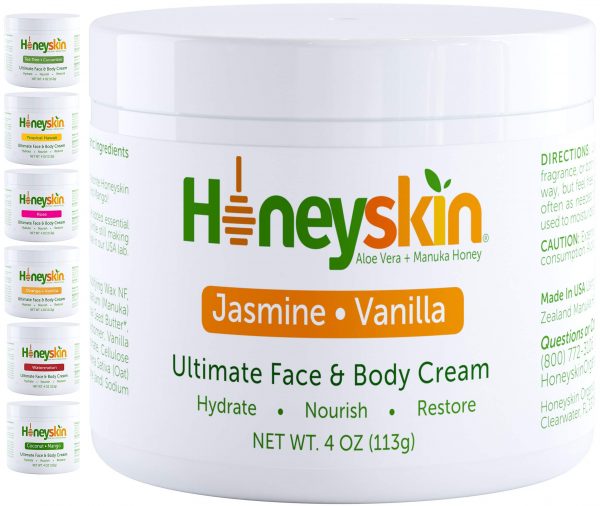 Natural Moisturizing Face and Body Cream - with Manuka Honey and Shea Butter - Hydrating Facial Moisturizer - Anti Aging and Wrinkle - Skin Tightening and Firming - Natural Jasmine Vanilla Scent (4oz)