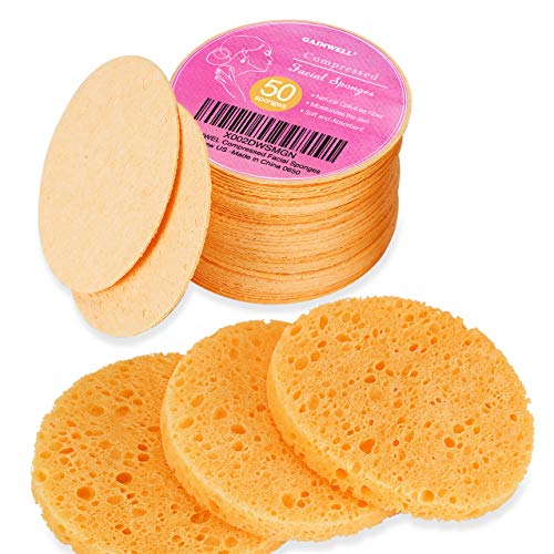 100% Pure Cellulose Facial Sponges for Cleansing and Exfoliation - GAINWELL 50-Count Compressed Beauty Spa Sponges for Make-up Removal and Mask Application.