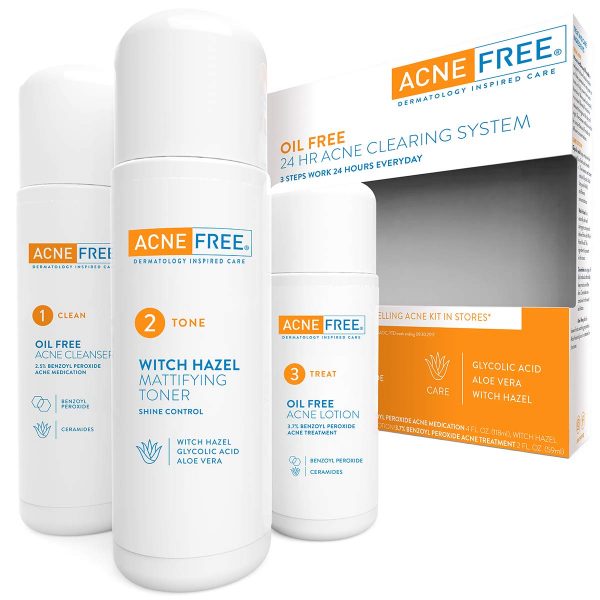 Acne Treatment Kit w Oil Free Acne Cleanser, Witch Hazel Toner