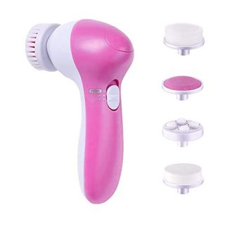 PINK Waterproof Facial Spin Brush Set with 5 Brush Heads for Deep Cleansing, Gentle Exfoliation, and Blackhead Removal.