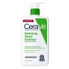A 19 fl. oz bottle of CeraVe Hydrating Facial Cleanser with hyaluronic acid, displayed against a white background. 