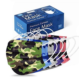 Camouflage Disposable Face Mask - 50Pcs 3-Ply Non Woven Camo Dust Mask for Men and Women in 5 Colors.