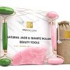 Authentic Jade Roller For Face, Rose Quartz Roller and Gua Sha Facial Tool Set