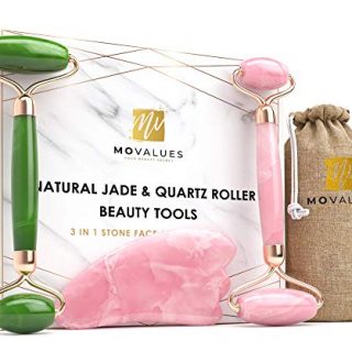 Authentic Jade Roller For Face, Rose Quartz Roller and Gua Sha Facial Tool Set