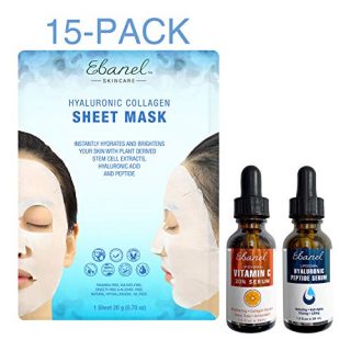 Ebanel Bundle of 15-Pack Collagen Face Mask, Hyaluronic Acid Peptide Serum