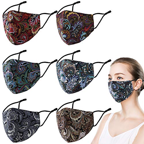 RUNHOOD 6 Pcs Cloth Face Mask for Adult, 3 Layer Paisley