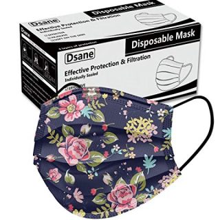 50PCS Disposable Face Mask for Women,Fashion Flowers Printed Dust Masks
