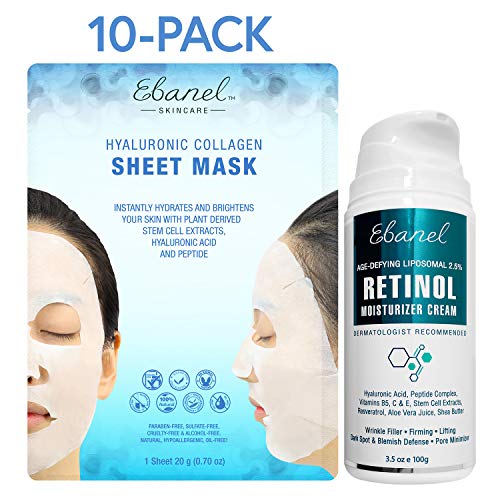Ebanel Bundle of 10-Pack Collagen Face Mask, and 2.5% Retinol Moisturizer