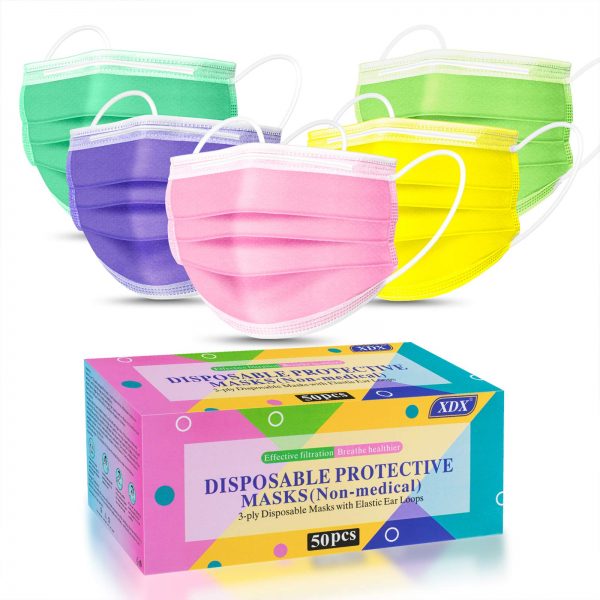 Disposable Face Masks, 50 Pack- 3 Layer Colorful Face Masks